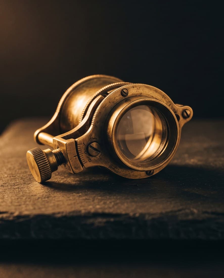 Concept still: a brass precision instrument on dark stone