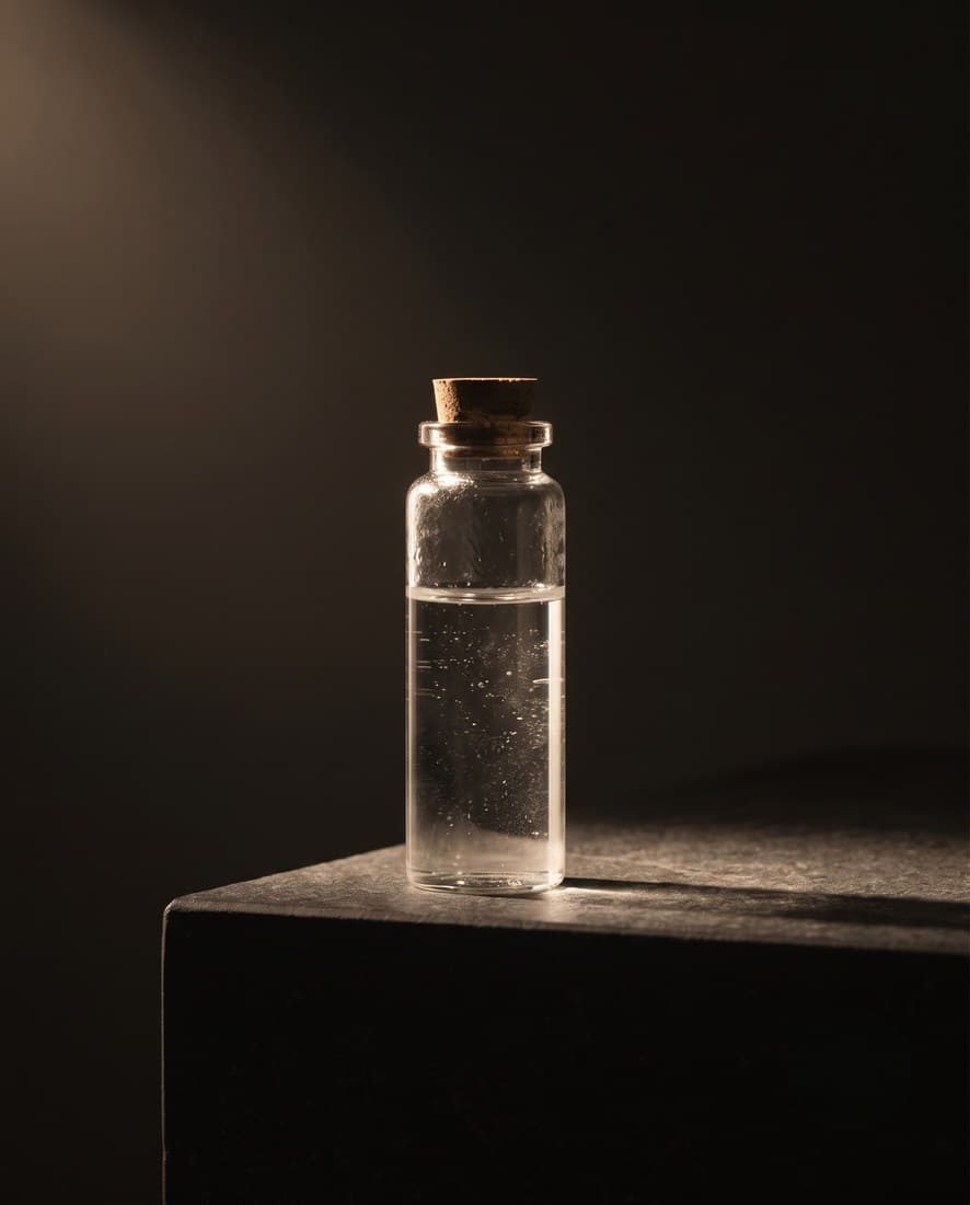 Concept still: a glass vial under lamplight
